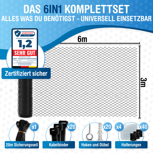 Katzennetz 6x3m | drahtverstärkt, schwarz