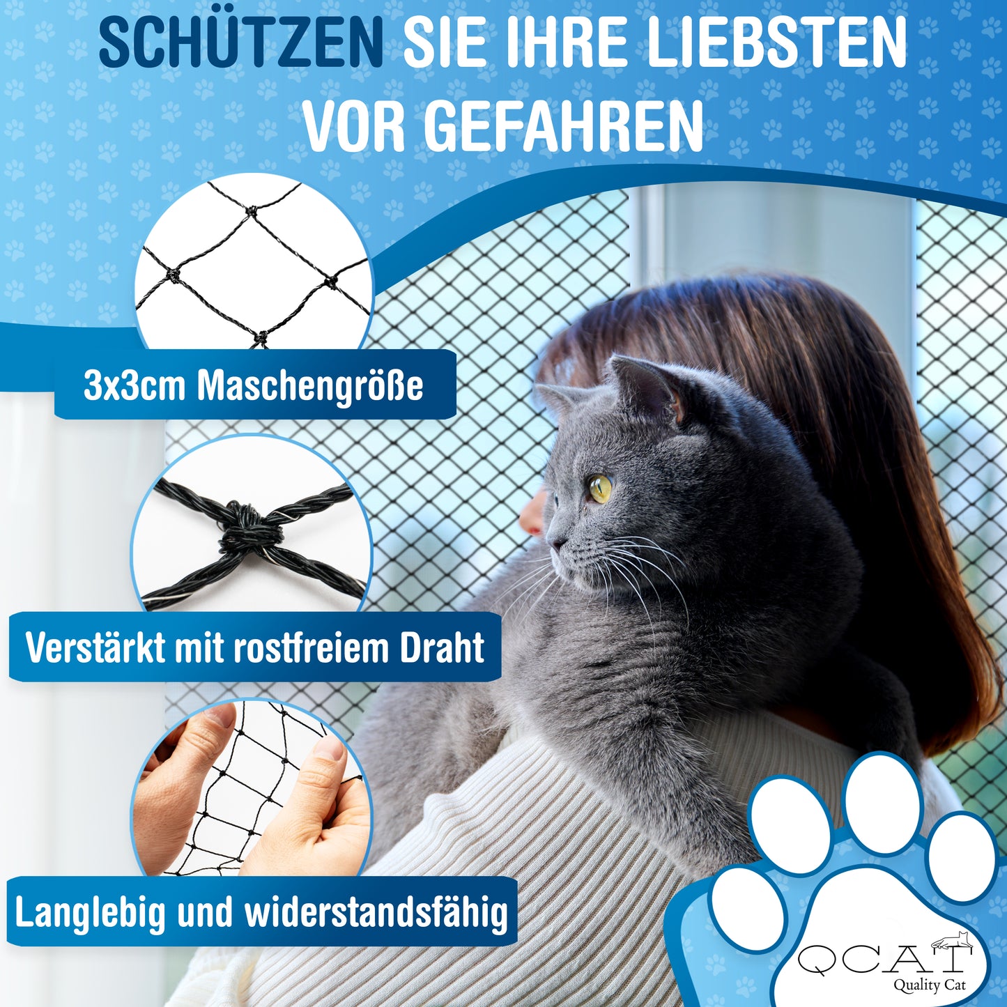Katzennetz 6x3m | drahtverstärkt, schwarz