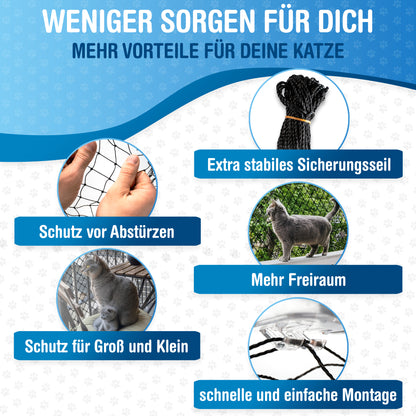 Katzennetz 6x3m | drahtverstärkt, schwarz