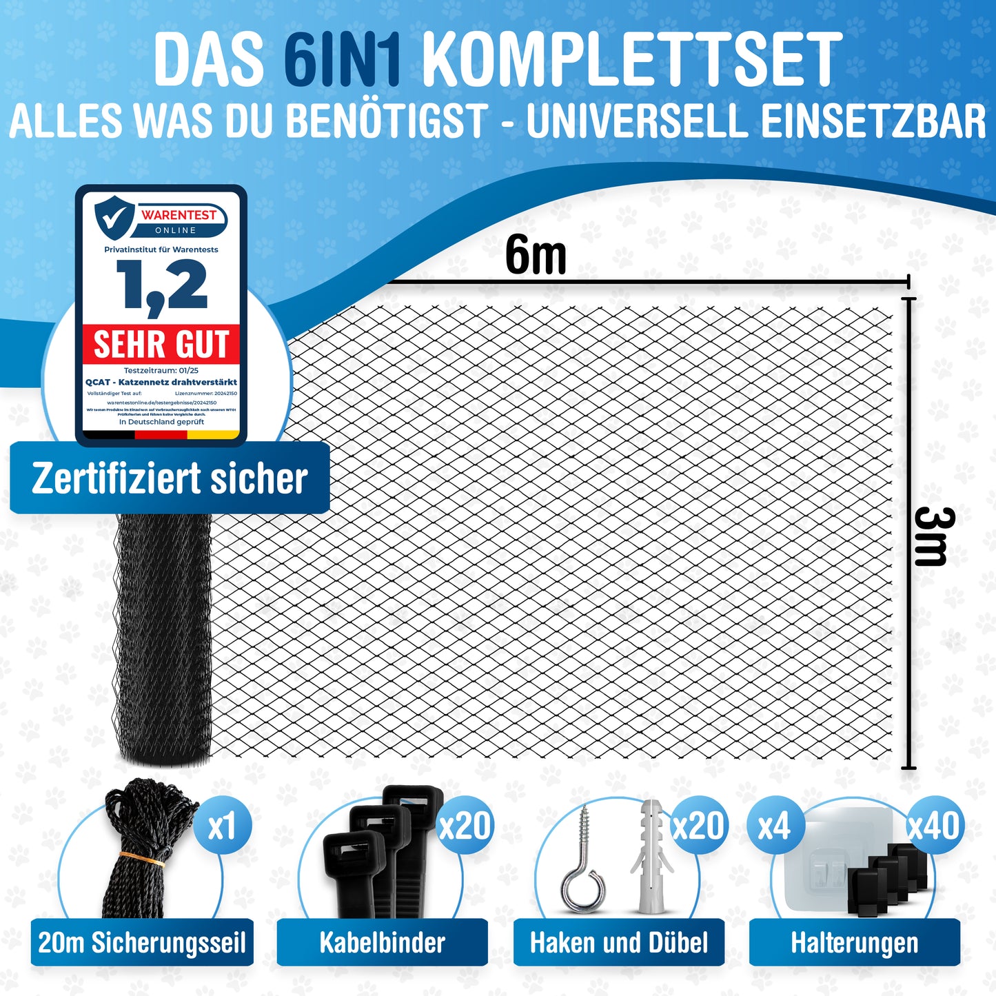 Katzennetz 6x3m | drahtverstärkt, schwarz
