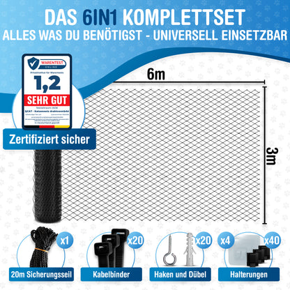 Katzennetz 6x3m | drahtverstärkt, schwarz